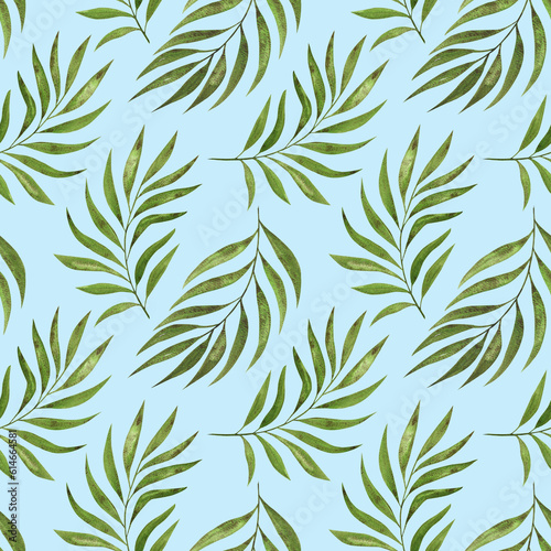 Seamless exotic pattern with tropical leaves on a white background.