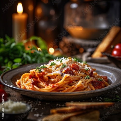 Pasta all'Amatriciana in a rustic setting with fresh ingredients surrounding it