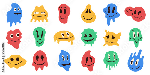 Colorful distorted emoji. Abstract melting faces surreal acid groovy meltdown faces, acid warp face icons. Vector 90s psychedelic set