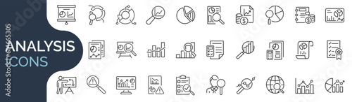 Set of outline icons related to analysis, infographic, analytics. Editable stroke. Vector illustration.  photo