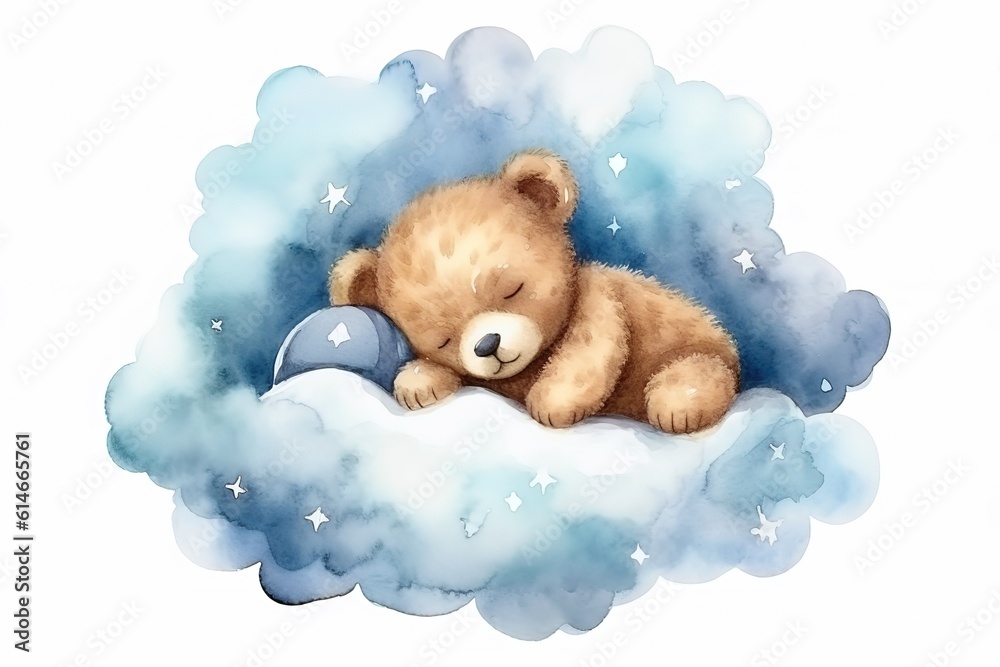 cute baby teddy bear sleeping on the cloud painted in watercolor on a ...