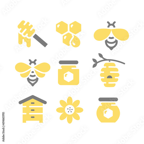 Honey, bee and honeycomb fill vector icon set. Jar, honey dipper and beehive icons.