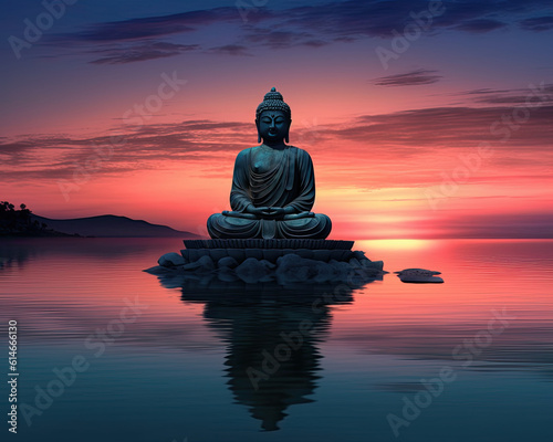 Buddha Statue at Twilight by the Ocean