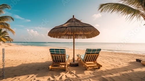 lounge chairs and umbrella on the beach in Goa . generative AI photo
