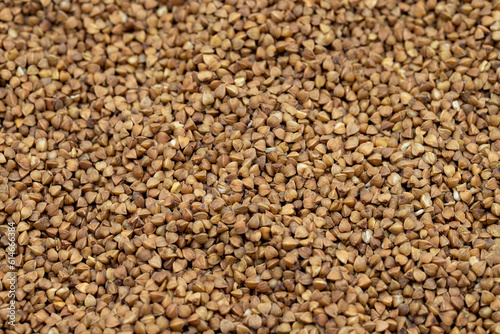 Pile of buckwheat grains as background, spice or seasoning as background. close-up buckwheat