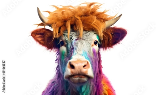 Young smiling cow on a white background. Shaggy colorful hairstyle. Generative AI.