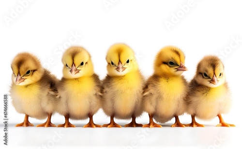 Group of little chick on a white background. Generative AI.
