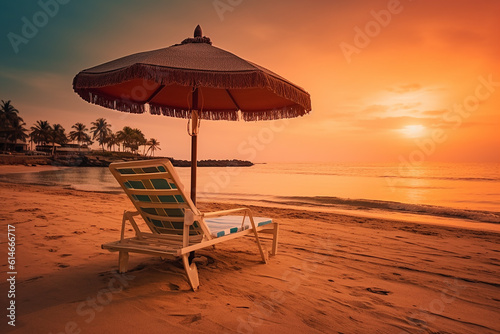 Beautiful Beach View with Nature Landscape and Gazebo Chair for Relaxing Vacation at Sunset