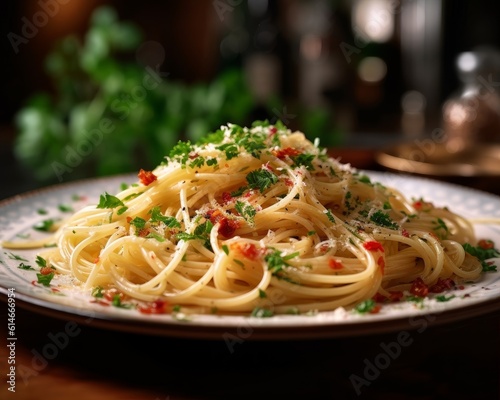 Spaghetti Aglio e Olio with garlic, red pepper flakes, and parsley on a white plate