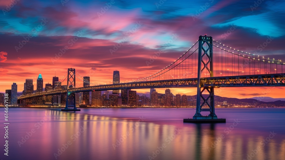 Obraz premium San Francisco skyline with Oakland Bay Bridge at sunset Generative AI