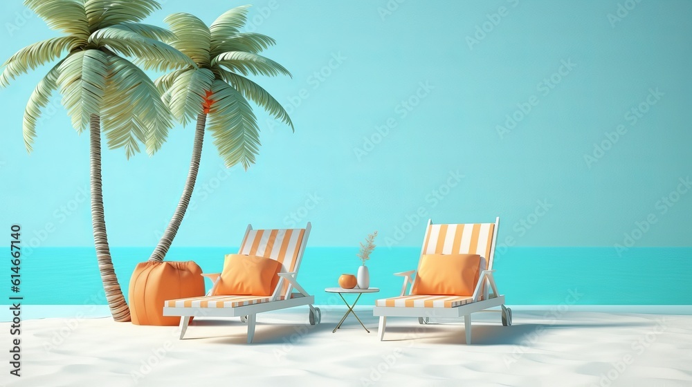 Obraz premium Summer vacation concept, Beach chairs and accessories under palm tree with copy space for product advertisement, 3d illustration Generative AI