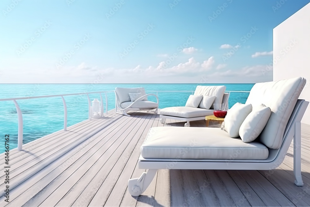 Fototapeta premium Generative AI of a beautiful terrace with sea view and white sofa