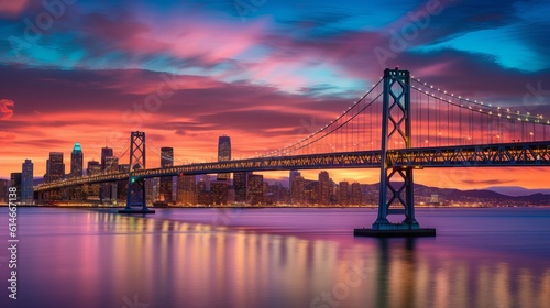 San Francisco skyline with Oakland Bay Bridge at sunset Generative AI