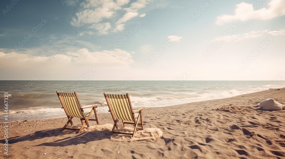 Beautiful beach. Chairs on the sandy beach near the sea Generative AI