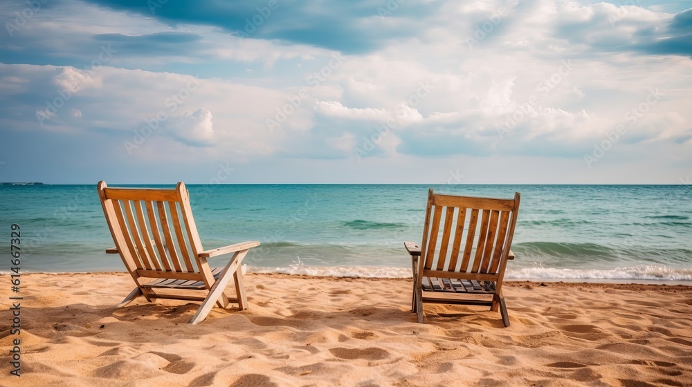 Beautiful beach. Chairs on the sandy beach near the sea Generative AI