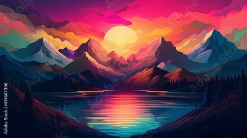 Abstract Colorful Mountain Sunset Illustration for Design Generative AI © Suleyman