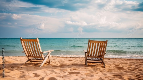Beautiful beach. Chairs on the sandy beach near the sea Generative AI © Suleyman
