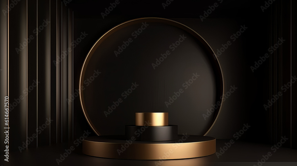 Empty gold black podium 3d background pedestal stand showcase or blank golden product stage display studio mockup and luxury advertising light
