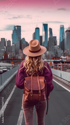 Traveler woman with magenta straw hat.