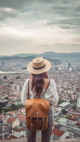 Young woman traveler with backpack and hat traveling.