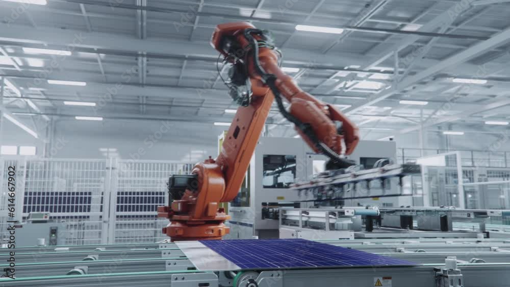 Orange Industrial Robot Arm Assembles Solar Panel, Placing PV Cells. Automated Solar Panel Production Line. Modern, Bright Manufacturing Facility.