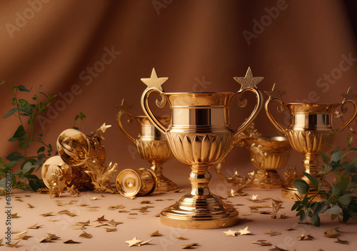golden trophy and stars on a beige background, in the style of 3d, miniaturecore