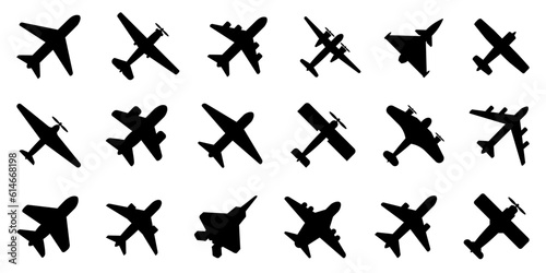 Black airplane icon collection. Set of black plane silhouette icon
