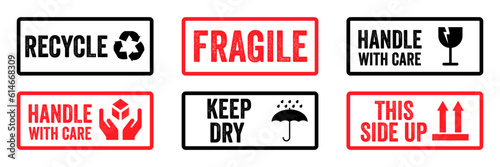 Package cargo stamp collection. Recycle, handle with care, fragile, keep dry, this side up