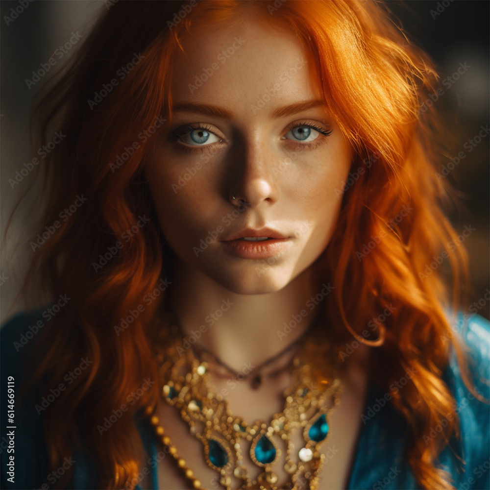 Fototapeta premium Portrait of a beautiful young fiery red haired girl . generative AI