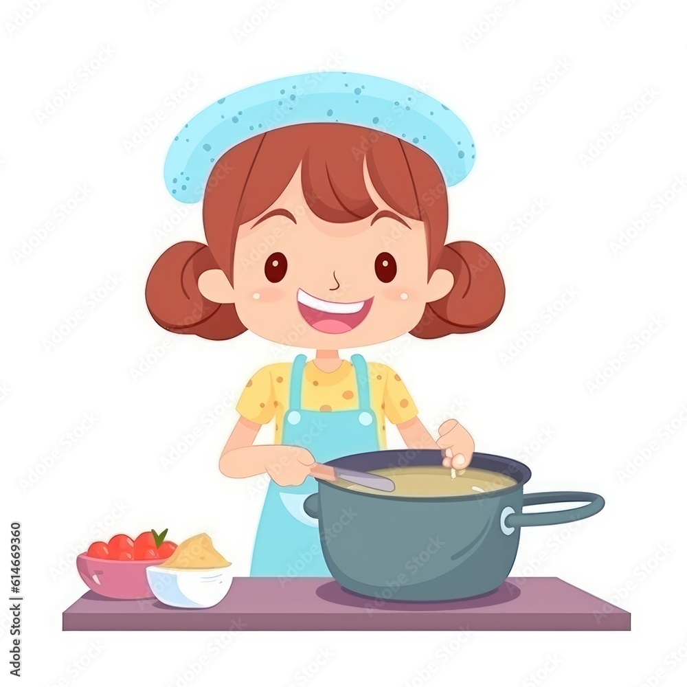 Cute girl cooking in the kitchen. Happy little chef kid. Generative AI Cute girl cooking in the kitchen. Happy little chef kid. Generative AI