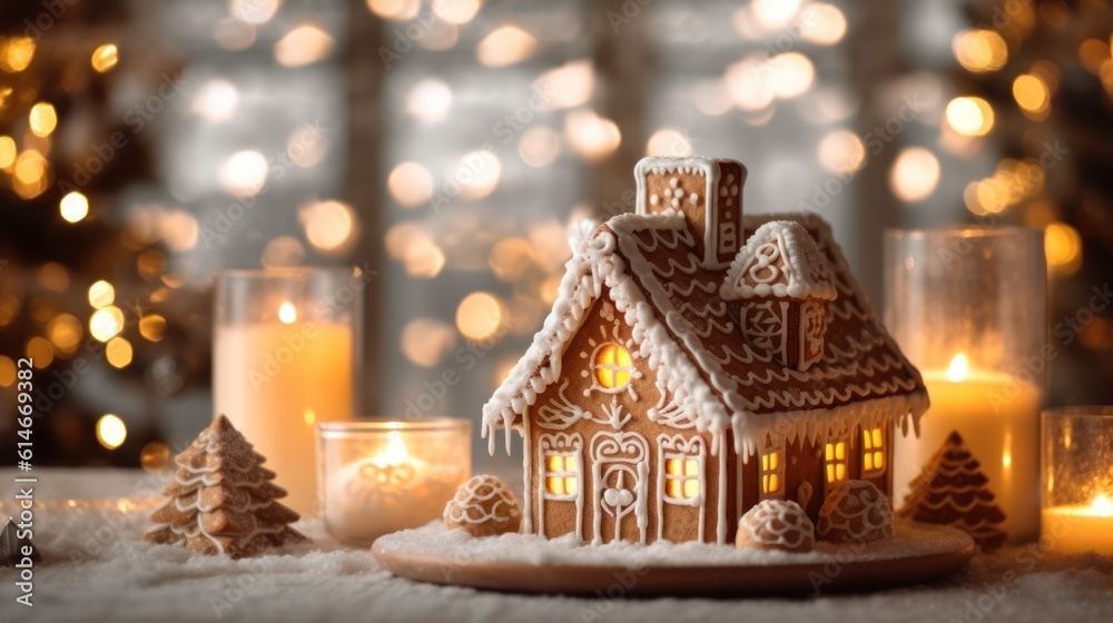 gingerbread house on the background of Christmas tree decorations in blur . generative AI gingerbread house on the background of Christmas tree decorations in blur . generative AI