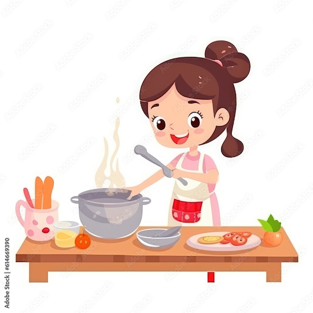 Cute girl cooking in the kitchen. Happy little chef kid. Generative AI Cute girl cooking in the kitchen. Happy little chef kid. Generative AI