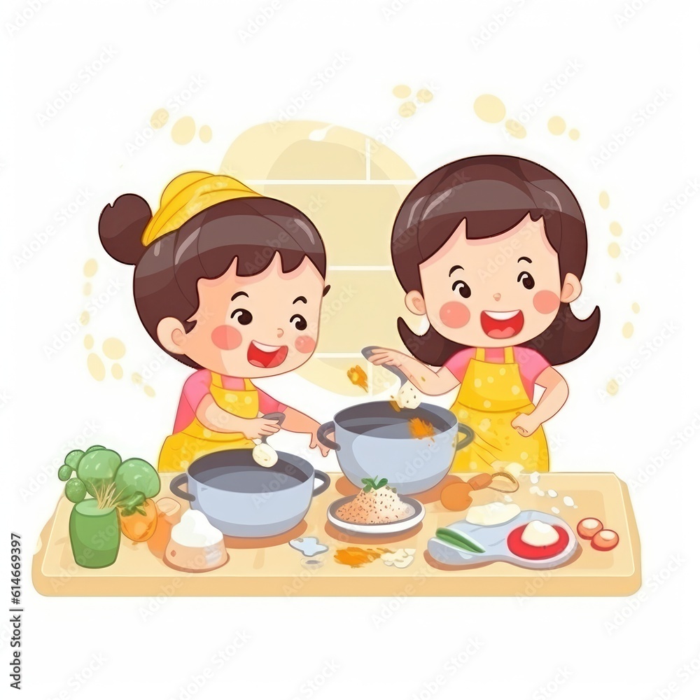 Two cute children cooking in the kitchen. Happy little chef girls. Generative AI Two cute children cooking in the kitchen. Happy little chef girls. Generative AI