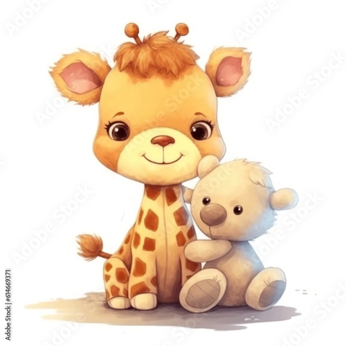 Cute baby giraffe cartoon holding a toy bear on a white background. Generative AI