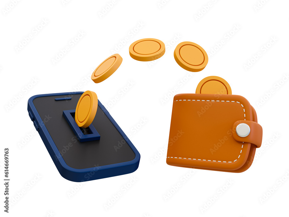 3d minimal online money earning. financial transaction. digital money trading concept. smartphone transferring money to a wallet. 3d illustration.