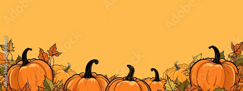 Halloween background. Illustration of pumpkins on orange background, line art style, minimal concept, copy space. AI generated