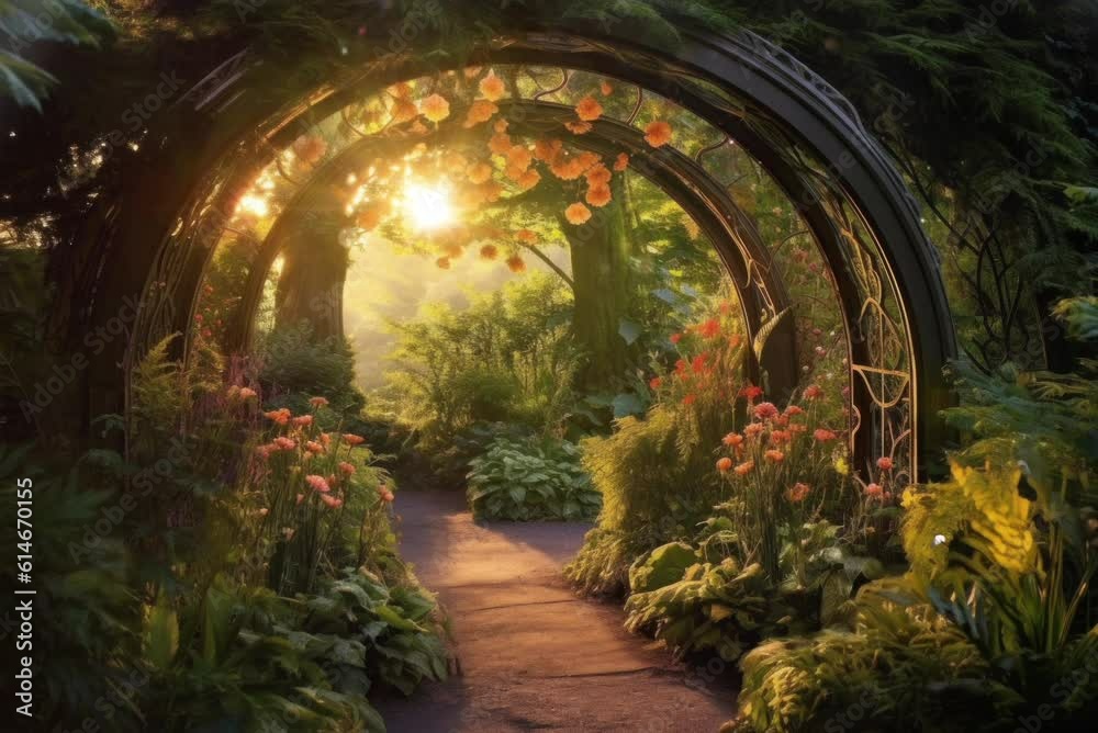 Magical pathway leading to a secret fairytale garden, lined with blooming flowers and vibrant, multi-colored green trees. Fairytale style. Generative AI Magical pathway leading to a secret fairytale garden, lined with blooming flowers and vibrant, multi-colored green trees. Fairytale style. Generative AI