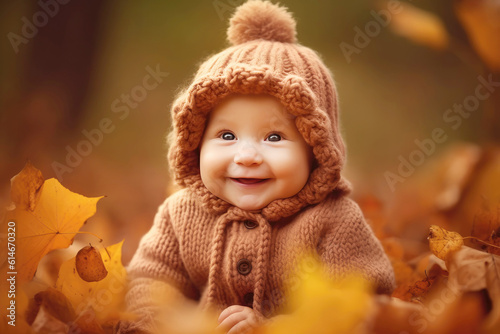 Cute smiling happy baby in autumn leaves (Generative AI)