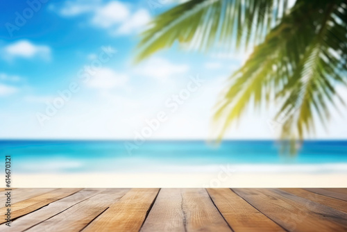 Empty table on sand beach on tropical island as mock-up template (Generative AI)