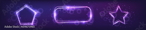 Set of three neon frames with shining effects and sparkles