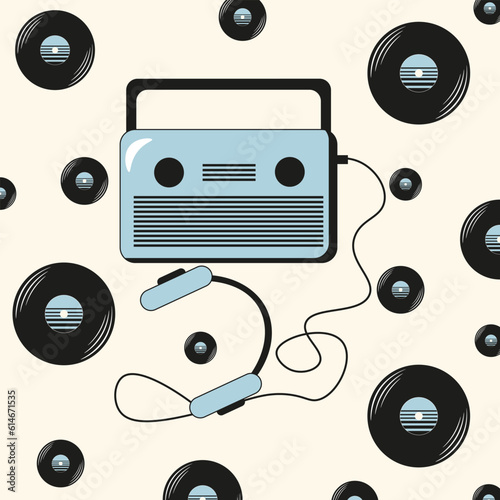 Retro Audio Tape Recorder with Vinyl Records pattern. Vintage Receiver isolated on light background. Retro Vibes 70s 80s 90s. Vector illustration.