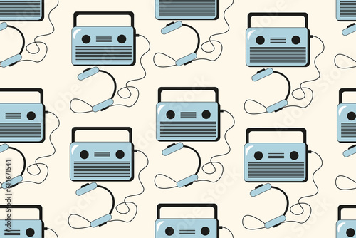 Retro Audio Tape Recorder seamless pattern. Endless ornament with Vintage Receiver isolated on light background. Retro Vibes 70s 80s 90s wallpaper. Vector illustration.