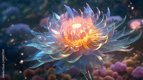 Generative AI image of a captivating crystal dahlia, its petals intricately formed from glistening gemstones, revealing a kaleidoscope of vibrant colors that mesmerizes with their ethereal allure.