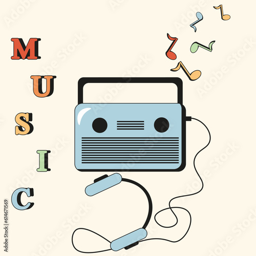 Retro Audio Tape Recorder and inscription Music. Vintage Receiver isolated on light background. Retro Vibes 70s 80s 90s. Square poster. Vector illustration.