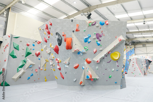Empty Indoor Climbing Centre With Variety Of Climbing Or Bouldering Walls