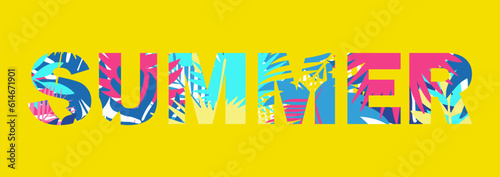 The inscription summer on a yellow background. Tropical leaves lettering. Background for summer sale. Vector