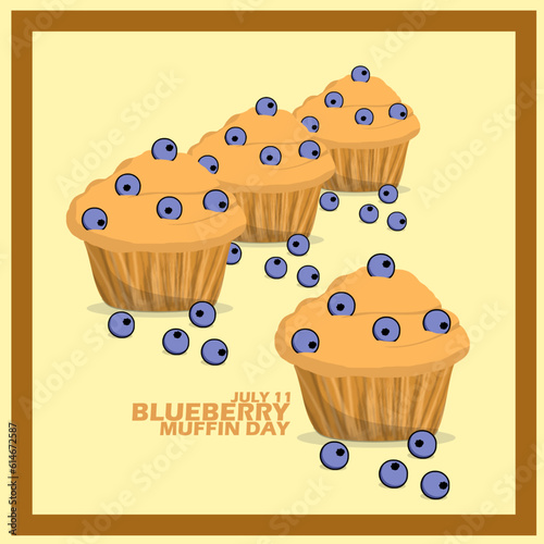 Some delicious looking blueberry muffins with bold text in frame on light brown background to celebrate National Blueberry Muffin Day on July 11