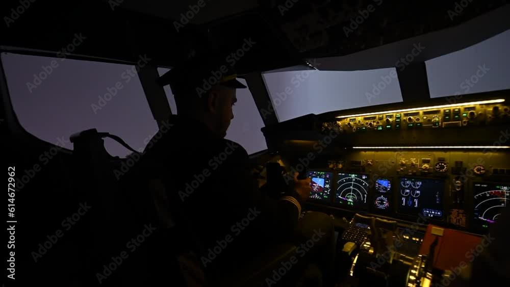 A man is studying to be a pilot in an aircraft simulator. A man is studying to be a pilot in an aircraft simulator.
