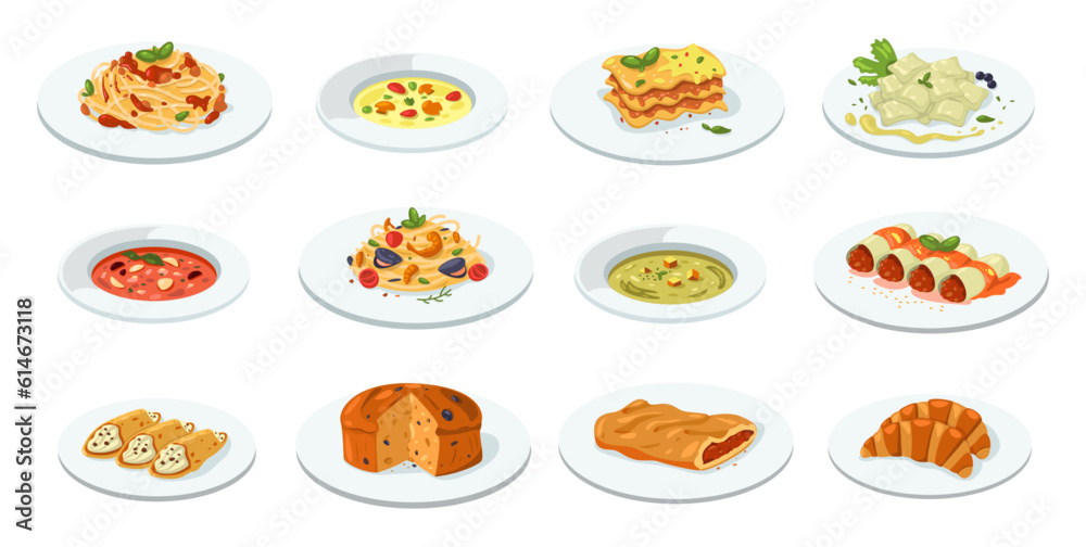 Italian cuisine dishes. Mediterranean traditional meals, delicious pasta and pizza, salami and cheese at cafe and restaurant. Vector flat set Italian cuisine dishes. Mediterranean traditional meals, delicious pasta and pizza, salami and cheese at cafe and restaurant. Vector flat set