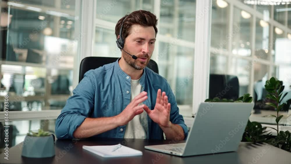 custom made wallpaper toronto digitalTelemarketer operator representative speaking to web camera in office. Businessman wears headset video conference calling. Customer support service assistant on call center phone talk. Webcam view.